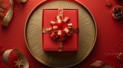 Top-View Minimalist Red Gift Box with Gold Bow on Gold Tray

