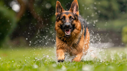 Playful German Shepherd in mid-sprint among water droplets, sunlit natural setting.