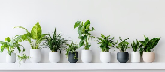 A row of various potted houseplants displayed in clean white containers placed on a high shelf