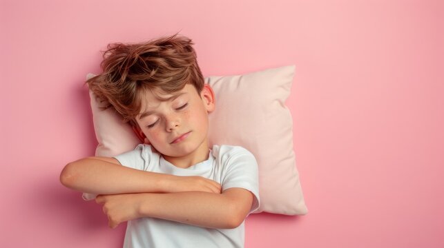 a young man sleeping on pillow isolated on pastel pink colored background. boy sleep deeply peacefully rest. Top above high angle view photo portrait of satisfied . child wear white shirt