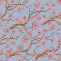 Vector vintage style artwork pink cherry blossom and branches seamless pattern on blue background.