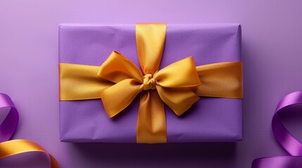 Top-View Minimalist Purple Gift Box with Yellow Bow on Lavender Background

