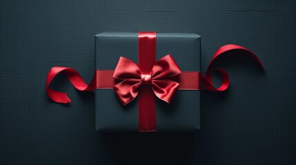 Top-View Minimalist Black Gift Box with Red Bow on Dark Grey Background


