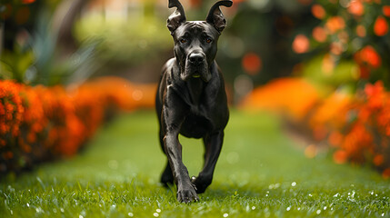 Elegant Great Dane moving gracefully through a lush garden, with vibrant flowers blurring in the background. - obrazy, fototapety, plakaty