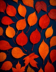 A pattern of orange and red autumn leaves stands out against a navy blue backdrop, depicting the warmth of the fall season. The assortment of shapes and colors offers a rich texture.