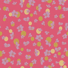 Vector artwork hand drawn pink cherry blossoms pink background with yellow polka dots seamless pattern