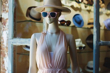flowy summer dress on mannequin with hat and sunglasses