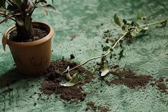 fallen potted plant, dirt spilled over a green carpet floor