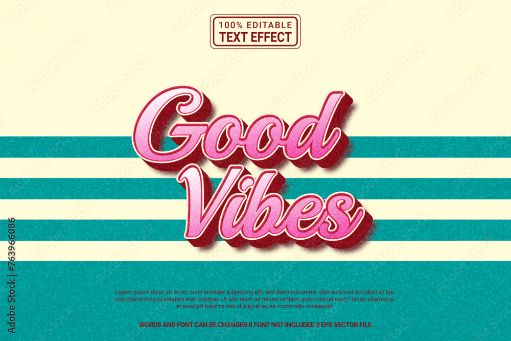 Poster editable text effect good vibes 3d cartoon template style modern premium vector