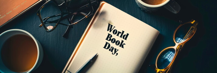 Flat lay composition consisting of a pen, glasses and a notepad with a handwritten inscription "World Book Day" promoting the love of literature.Generative AI