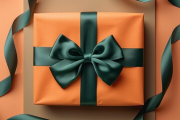 Top-View Minimalist Orange Gift Box with Green Bow on Green Slate

