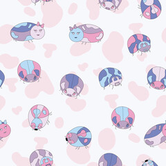 Vector hand drawn lil’ ladybugs with their own big personalities on spotty pink and white background
