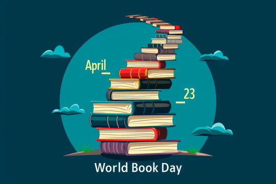 books stacked to form the shape of a staircase, with the inscription "April 23 World Book Day" ascending along the steps, symbolizing the journey of learning and discovery. Generative AI
