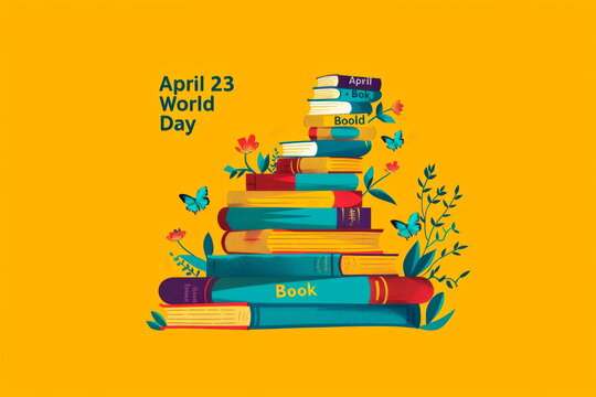 books stacked to form the shape of a staircase, with the inscription "April 23 World Book Day" ascending along the steps, symbolizing the journey of learning and discovery. Generative AI
