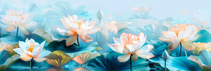 Fototapeta na wymiar Captivating watercolor painting of lotus flowers against a serene blue background, symbolizing purity and enlightenment. Generative AI
