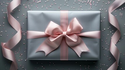 Top-View Minimalist Silver Gift Box with Pink Bow on Silver Background  