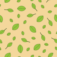 Vector hand green leaves composition on light yellow background.
