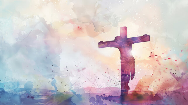 Easter crucifixion scene with silhouettes of the cross of Jesus Christ. Watercolor. Light colours. Generative AI © AngrySun
