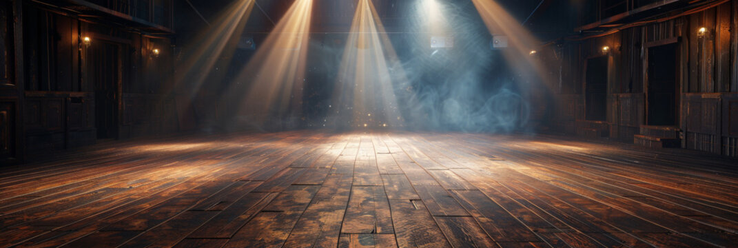 Free stage with lights and smoke, Empty stage with white spotlights with wooden floor , conser, show, party, Presentation concept. white spotlight strike on black background, vintage retro stage