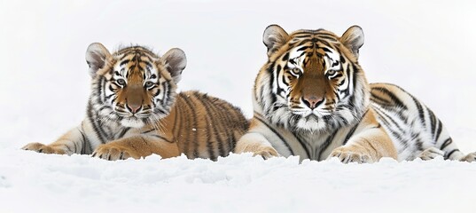 Male tiger and cub portrait with ample space for text, object placed on the right side