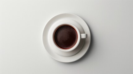Obraz na płótnie Canvas Top-View Minimalist Dark Brown Coffee Mug on White Oval Saucer