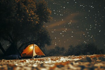 Camping tent in the forest at night with starry sky