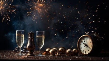 Champagne glasses, vintage clock at midnight, and fireworks illustrate the joyous celebration of New Year's Eve, evoking festivity and time's passage