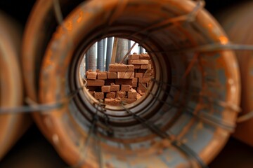 pile of bricks seen through a stack of pipes with mason - obrazy, fototapety, plakaty