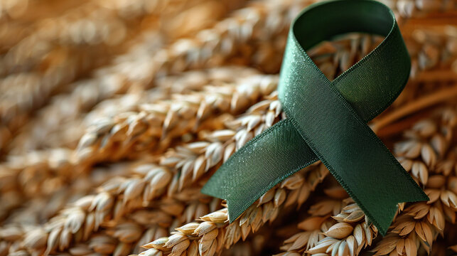  Celiac disease awareness month. green ribbon with wheat spikelets , gluten free day, background, banner, card, poster, template. Vector illustration.