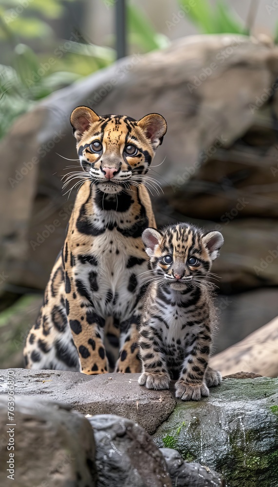 Poster male clouded leopard and cub portrait with blank space for text and object on side
