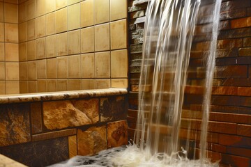 an inoffice waterfall cascading down a tiled wall into a basin