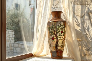 Vintage ceramic vase on the windowsill with a tree inside