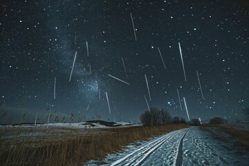 Night sky with stars and milky way,  Winter landscape with road