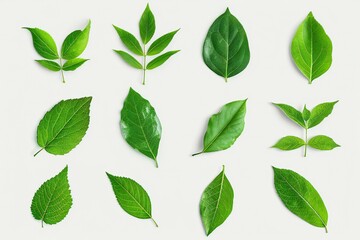 Set of green leaves isolated on white background,  Flat lay, top view - obrazy, fototapety, plakaty