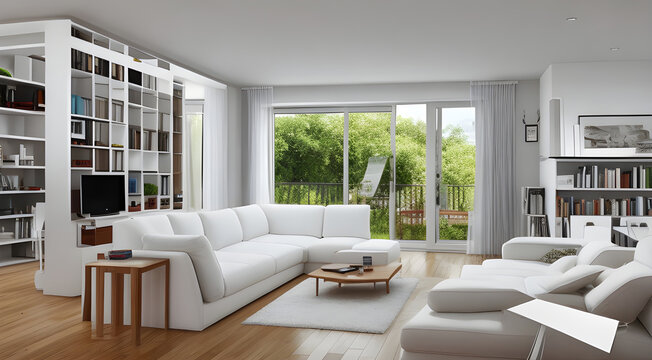 White minimalistic modern living room design . White sofa against white wall and bookshelf. Modern living place.Modern interior design.