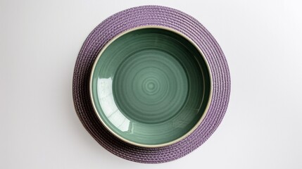 Top-View Minimalist Forest Green Plate on Lavender Round Placemat  