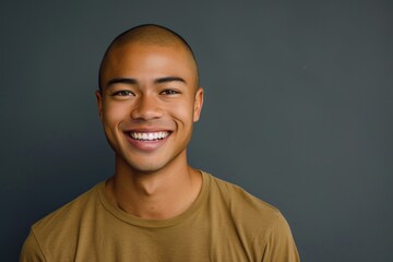 Fototapeta premium portrait of young smiling man of Asian appearance in yellow T-shirt on gray background