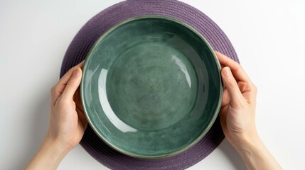 Top-View Minimalist Forest Green Plate on Lavender Round Placemat  