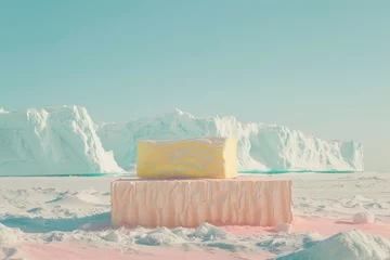  Minimalistic landscape medium forma shot of simpe rectangular mirrron on an ice cap north pole icebergs,muted pastel colors. © Danica