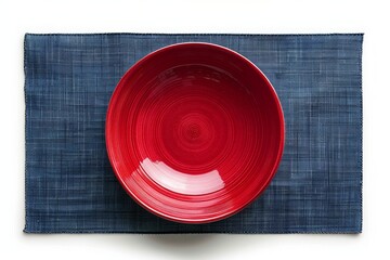 Top-View Minimalist Cherry Red Plate on Navy Blue Rectangular Mat


