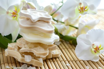 stack of bath melts on bamboo mat with white orchids