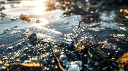 A plastic bottle floating on the surface of water, surrounded by debris and garbage, photo for environmental pollution concept. - obrazy, fototapety, plakaty