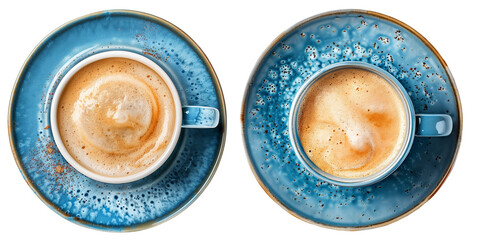set of two blue ceramic/ porcelain coffee cups clipart on transparent background, handmade pottery seen from above with cappuccino - obrazy, fototapety, plakaty