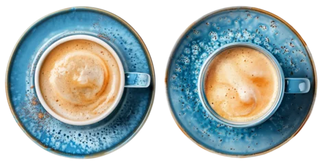 Foto op Plexiglas set of two blue ceramic/ porcelain coffee cups clipart on transparent background, handmade pottery seen from above with cappuccino © Deea Journey 