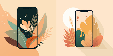 An illustration of a phone with abstract plants on the background