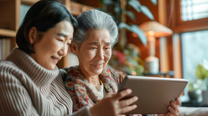 Asian woman teaching her mother how to use a tablet, sitting together at home in the living room with a warm and cozy atmosphere. - obrazy, fototapety, plakaty