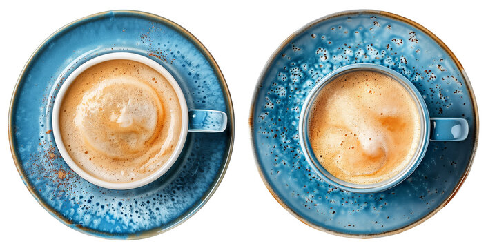 set of two blue ceramic/ porcelain coffee cups clipart on transparent background, handmade pottery seen from above with cappuccino