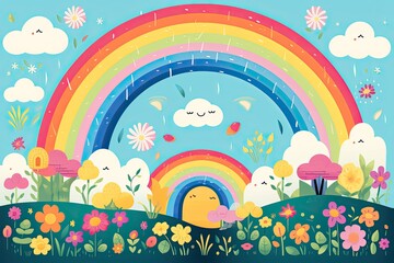 childish illustration of colorful rainbow in summer