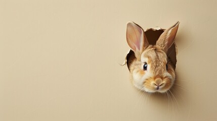 Obraz premium Easter rabbit bunny peeking out of a hole on cream color background, copy and text space, 16:9