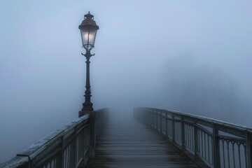 lone streetlamp on bridge with enveloping fog